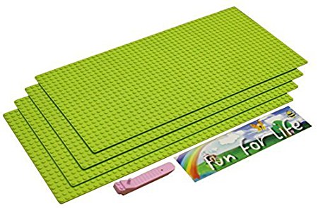 Lego-Compatible Brick Building Base 15'' x 7.5'' (4 Pack) Apple Green Baseplate with a Brick Separator- by Fun For Life