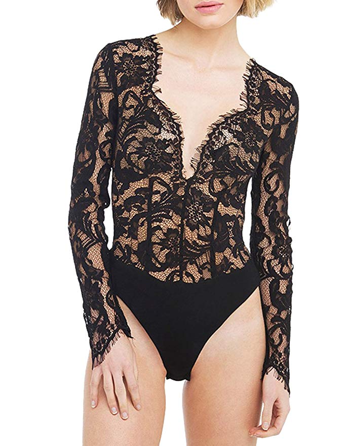HAOYIHUI Womens Sexy Deep V Lace Patchwork Sheer Hollow Out Bodysuit