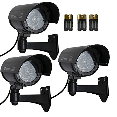 Etekcity® 3 pack Security Outdoor Fake,Dummy Surveillance Camera with Blinking,Flashing Light(6xAA Batteries Included, Black)