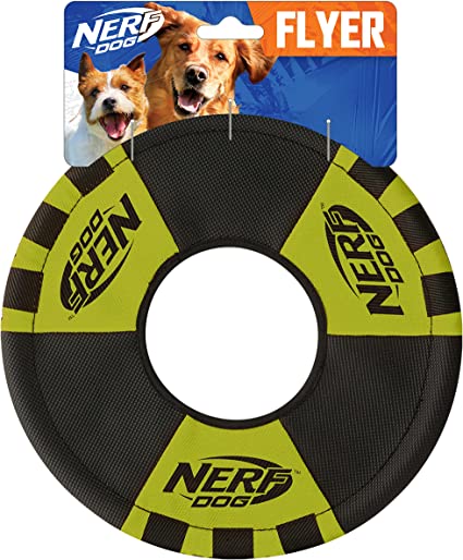 Nerf Dog Trackshot Toss and Tug Ring Dog Toy, Lightweight, Durable and Water Resistant, 9 Inches, for Medium/Large Breeds, Single Unit, Green/Black