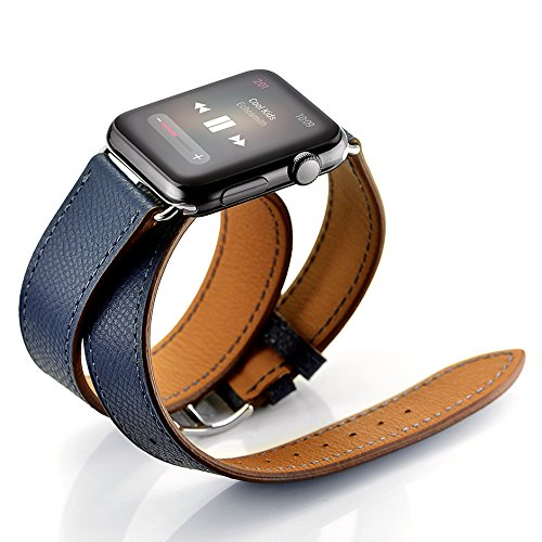 Maxjoy for Apple Watch Band, Genuine Leather Watchband 42mm iWatch loop Strap with Metal Clasp Adapters Replacement Bracelet for Apple Watch Series 2, 1 Sport & Edition, Double Tour Cuff (Dark Blue)