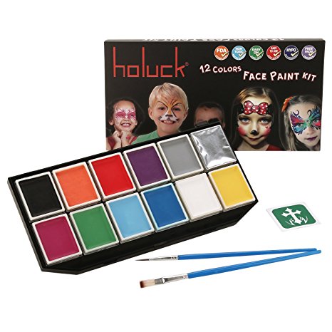 Holuck Face Paint Kit with 12 Color,2 Brushes ,4 Paint Stencils ,Non Toxic for Sensitive Skin Easy & Safe,Professional Palette Perfect for Adults & Kids