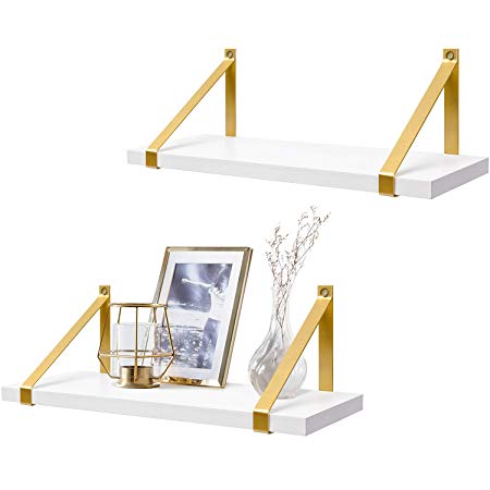 Mkono 2 Set Floating Shelves Wall Mounted Morden Decorative Shelves White Wooden Shelves with Gold Metal Brackets for Living Room Office Bedroom Bathroom Kitchen, 17 Inches