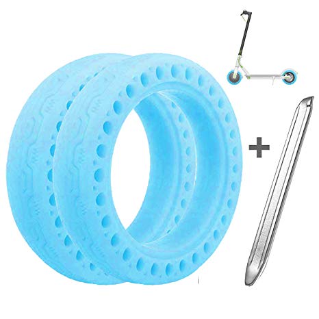 Suremita 2 Pieces Tires for XIAOMI M365, Tubeless Luminous Solid Tyre for Mijia M365 Electric Scooter   1 Stainless Steel Tire Levers (8.5 Inch, Fluorescent Blue)