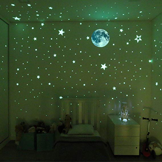 Glow in The Dark Stars and Moon, Realistic No Dots No Squares set. 360 Star Shaped Stickers and Full Moon, Luminous Adhesives for Room, Wall, Bedroom, Light up your Ceiling and Living Room Decoration