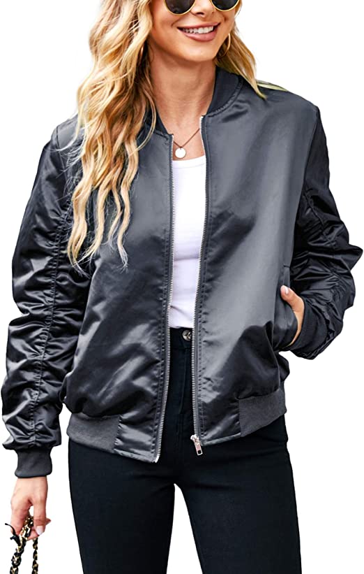 ACEVOG Women Fashion Satin Bomber Jacket Zip Up Casual Jacket Coat with Pocket Outfit