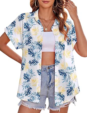 Zeagoo Women's Hawaiian Button Down Shirts Casual Short Sleeve Floral Tropic Print Summer Blouse Tunic Top