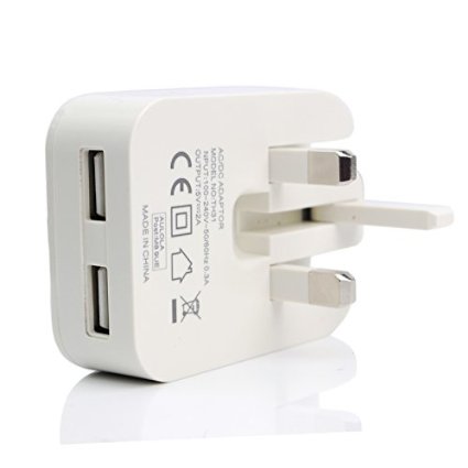 White CE Certificated 5V/2A 2000mAh Universal Folding UK Adaptor Mains Phone Tablet Charger Dual USB Plug for Android Tablets Samsung Galaxy Note 4/3 S4 S5 S6 Apple iPhone 6 6 Plus 5S 4S 5C 5 4 iPad 1st 2nd 3rd 4th Mini iPad Air iPods Samsung Galaxy Tablet Nokia Motorola HTC BlackBerry LG MP4/3 Players iPods