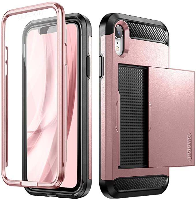 SURITCH iPhone XR Wallet Case with Card Holder and Built-in Screen Protector Defender Shockproof Hybrid Dual Layer Hard PC   TPU Heavy Duty Protection Bumper Case for Apple iPhone XR 6.1” Rose Gold