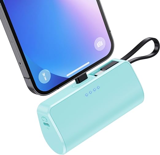 Small Portable Charger 5200 mAh for iPhone,Compact PD 3.0A Power Bank with Built-in Cable,USB C Mini Battery Pack Compatible with iPhone 15/15 Plus/15 Pro/14 Pro/14/13/12/11/XR/8/6 Android Phone