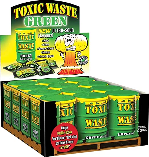 12 x Green Toxic Waste Drum Candy Sweets - Ultra Sour Flavours (Kiwi, Lime, Pear, Melon, Apple)