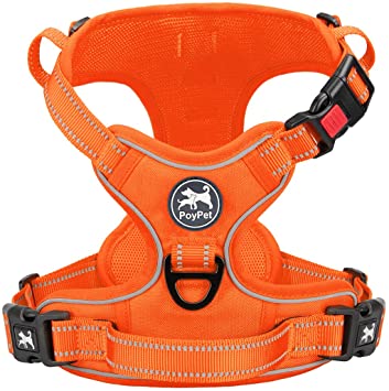 PoyPet No Pull Dog Harness, No Choke Reflective Dog Vest, Adjustable Pet Harnesses with 2 Leash Attachments with Easy Control Padded Handle for Small Medium Large Dogs(Orange Matching Trim,L)