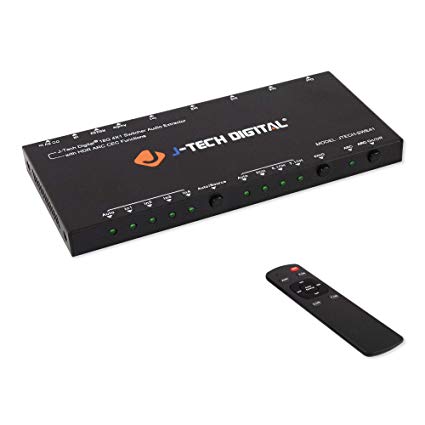 J-Tech Digital HDMI Audio Extractor Switcher 4x1 HDMI 2.0 4K@60Hz with 18Gbps, HDCP 2.2, HDR10, Analog/Digital Audio Output, Supporting CEC, ARC, with IR Remote and auto-Switching [JTECH-SWE41]