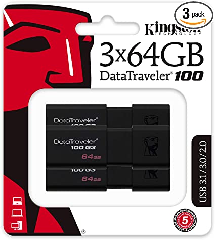 Kingston 64GB USB 3.0 Black DataTraveler 100 G3 3 Pack DT100G3/64GB-3P