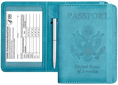 Passport and Vaccine Card Holder Combo - HOTCOOL Leather RFID Blocking Wallet with Elastic Strap Travel Cover Case for Passport, with USA CDC Vaccination Card Slot, with Pen, Mint Green