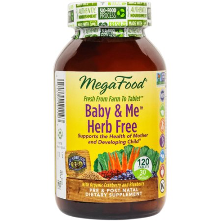 MegaFood - Baby and Me Herb Free Supports the Health of a Woman and her Baby During Pregnancy 120 Tablets Premium Packaging
