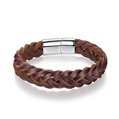 COAI Unisex Stainless Steel Clasp Vintage Brown Braided Leather Bracelet 8.5"