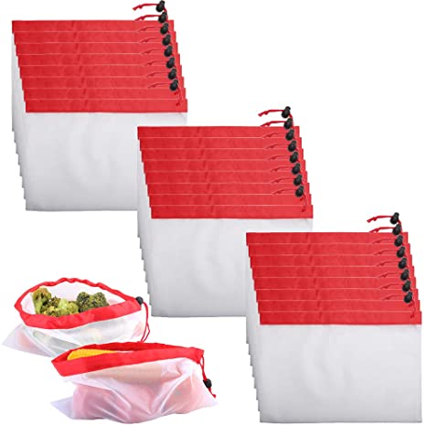 IDEALUX Reusable Mesh Produce Bags,24 pack See-Though Washable Mesh Bags for Grocery Shopping,Mesh Bags with Drawstring Small 12"x8"