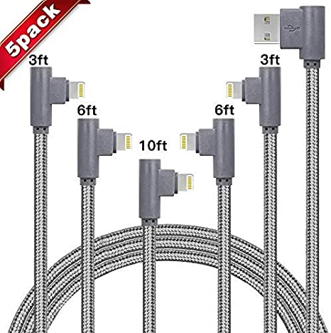 Right Angle Phone Charger 5 Pack(3/3/6/6/10FT) 90 Degree Data Cable Nylon Braided for Phone X MAX XR X 8 8 Plus 7 7 Plus 6s 6s Plus 6 6 Plus and More (Gray)