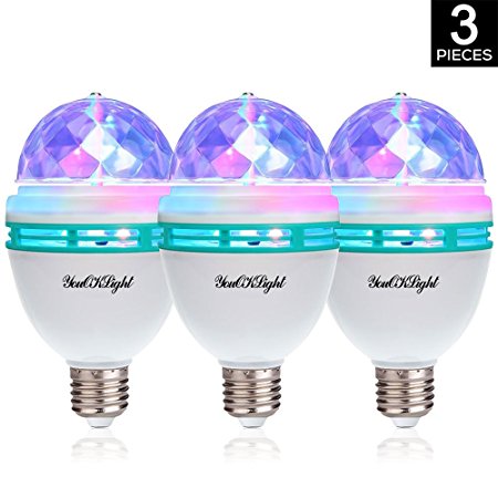 YouOKLight E26 Full Color Rotating Lamp LED Strobe Bulb Multi Crystal Stage Light for Disco Birthday Party Club Bar, Pack of 3 Units