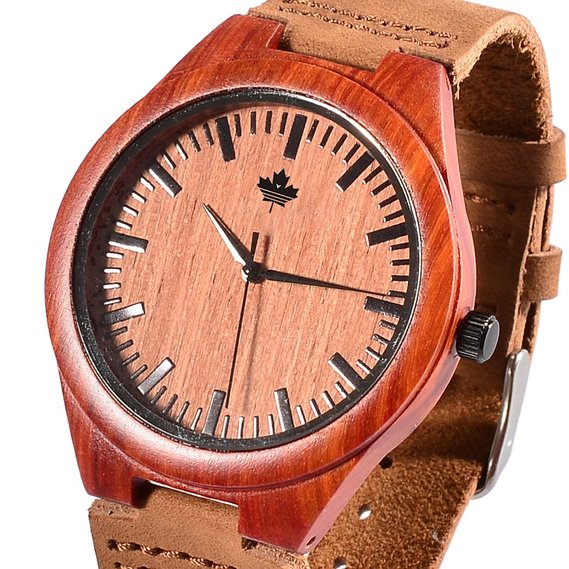 Tamlee Red Sandalwood Men's Wood Watch with Soft Genuine Leather Red Line Strap Wooden Wristwatch