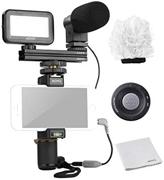 Movo Smartphone Video Kit V6 with Grip Rig, Mini Stereo Microphone, LED Light & Wireless Remote - for iPhone 5, 5C, 5S, 6, 6S, 7, 8, X, XS, XS Max, Samsung Galaxy, Note & More