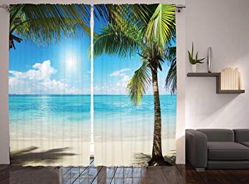 Ambesonne Tropical Beach Curtains, Coconut Palm Trees Shadows on Caribbean Shore Summer Plants Idyllic, Living Room Bedroom Window Drapes 2 Panel Set, 108" X 90", Coconut Green