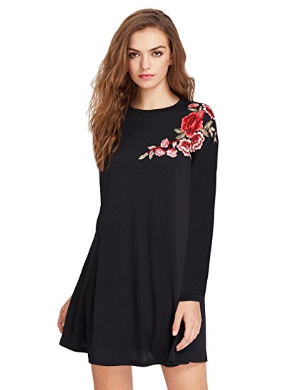 ROMWE Women's Loose Long Sleeve Floral Printed Casual Tunic Dress