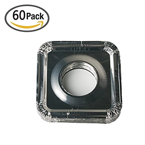 ZesGood Pack of 60 Aluminum Foil Square Stove Burner Covers - Universal Size Disposable Bib Liners for Gas Burner, 8"×8"×0.8"in / 3 3/4" Liners