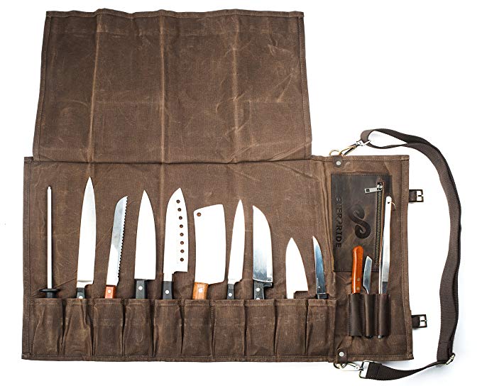 Chef Knife Roll Bag (13 Slots) | Stores 10 Knives, 3 Kitchen Utensils PLUS a Zipper | Durable Waxed Canvas Knife Carrier | Easily Carried by Shoulder Strap For Professional Chefs | Knives Not Included