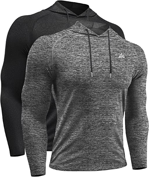 Men's Workout Gym Shirts with Hoodie 2 Pack - Long Sleeve Dry Fit Clothes Muscle Tshirt Athletic Gear