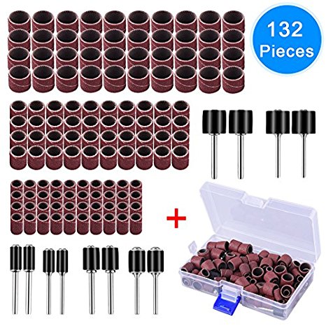 AUSTOR 132 Pieces Drum Sander Set with Free Box Including 120 Pieces Nail Sanding Band Sleeves and 12 Pieces Drum Mandrels for Dremel Rotary Tool