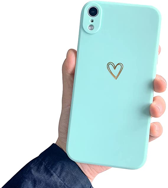 Ownest Compatible with iPhone XR Case for Soft Liquid Silicone Gold Heart Pattern Slim Protective Shockproof Case for Women Girls for iPhone XR-Mint Green