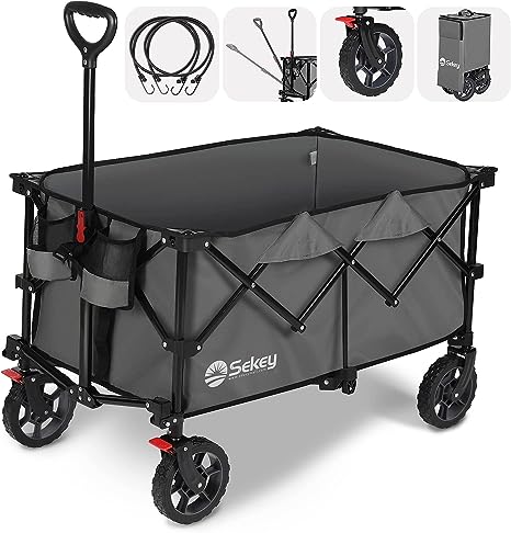 Sekey Collapsible Foldable Wagon with 220lbs Weight Capacity, Heavy Duty Folding Utility Garden Cart with Big All-Terrain Beach Wheels & Drink Holders.Grey