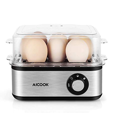 Rapid Egg Cooker Aicook Stainless Steel Egg Cooker, 8 Egg Capacity Electric Egg Maker for Soft, Medium, Hard Boiled Eggs with Auto Shut off and Poacher Attachment