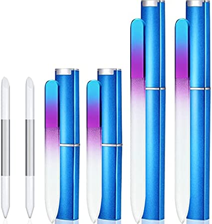 6 Pieces Glass Cuticle Pusher Nail File Set Imitated Crystal Nail Files Double Sided Glass Files with Case and Glass Cuticle Trimmer Remove Stick Manicure Tool for Nail Care ( Blue)