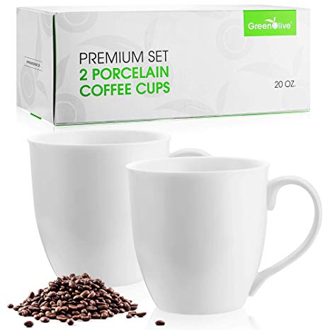 GreenOlive Extra Large Coffee Mugs Set – 20 oz Coffee Mug Gift Set of 2 – White Porcelain Oversized Coffee Mugs – Great for Beverages, Hot Chocolate & Tea – Ceramic Coffee Cups