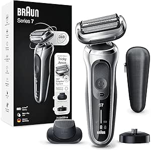 Braun Series 7 Afeitadora Eléctrica Hombre,Máquina de Afeitar Barba con Accesorio de Recortadora de Precisión,Base de Carga,360° Flex,uso en Seco y en Mojado,Recargable,Inalámbrica,71-S4200cs,Plata