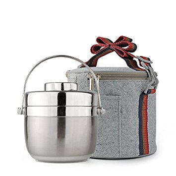 Fatmingo Stainless Steel Thermal Food Container,Insulated Lunch Box 2 Tier with Hand Bag(1.2L Silver)