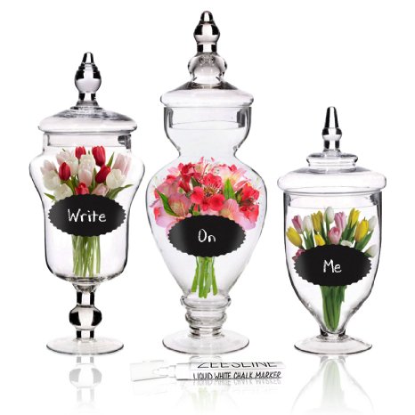 12/15/16" Apothecary Clear Glass Decorative Buffet Jars- 3 Pack Centerpiece Display With Lids, Adhesive Chalkboard Labels & Chalk Marker