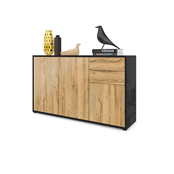 Vladon Cabinet Chest of Drawers Ben V3, Carcass in Black High Gloss/Front in Oak Nature