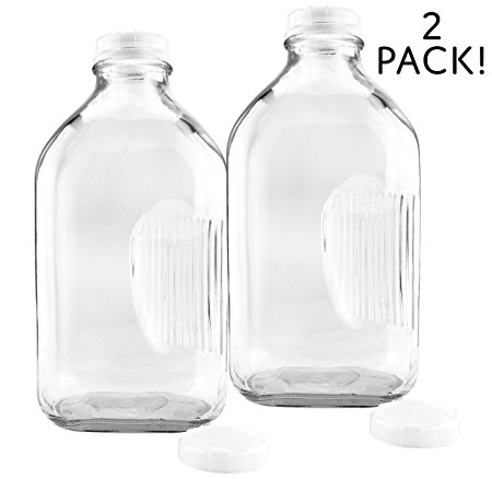 2-Quart Glass Milk Bottles w/ Side Grip (2-Pack); Clear Glass Rectangular Vintage Style Half Gallon Jugs Great for Storing Milk, Juice & Water in Fridge, Includes Extra Lids (2)