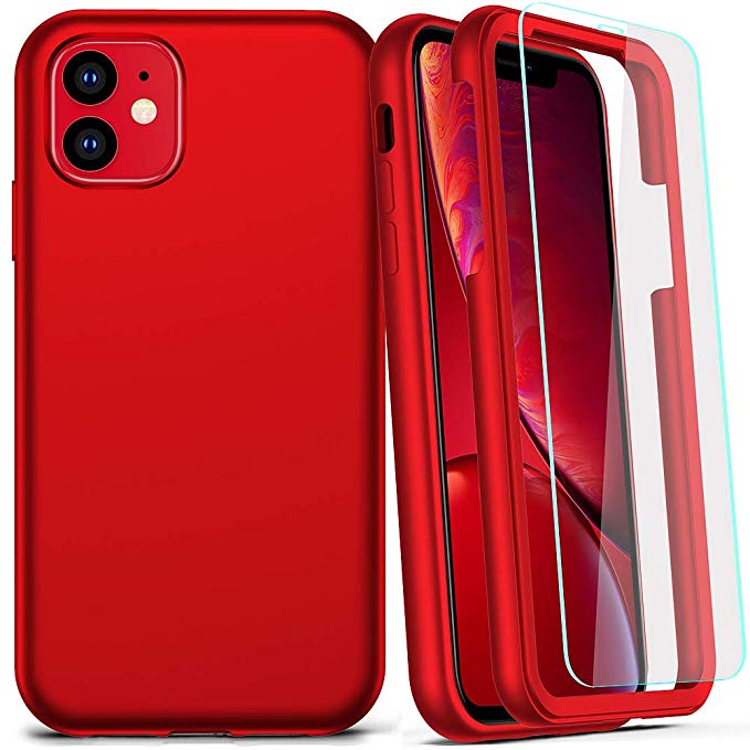 COOLQO Compatible for iPhone 11 Case, 360 Full Body Coverage Hard PC Soft Silicone TPU 3in1 Shockproof Matte Phone Cover Certified Military Protective with [2 x Tempered Glass Screen Protector]-Red