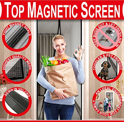 Magnetic Screen Door, Fits Door Openings up to 34”x82” MAX,Full Frame Velcro,Magnetic Top to Bottom Ultra Seal Magnets Shut Automatically, Keep Fresh AIR in & Bugs OUT (Black)
