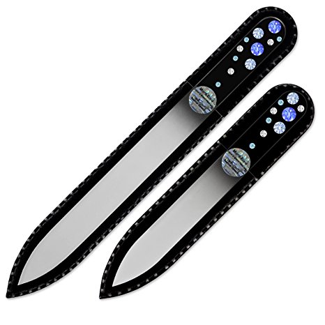 Set of 2 Glass Nail Files Hand Decorated with Swarovski Elements, in Black Velvet Sleeve, Genuine Czech Tempered Glass,, Hand-Made Crystal Nail Files