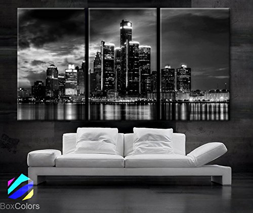 Large 30"x 60" 3 Panels 30"x20" Ea Art Canvas Print Beautiful Detroit Skyline Black & White Wall Home (Included Framed 1.5" Depth)