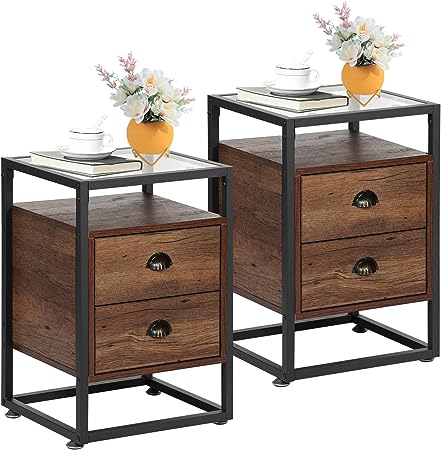 VECELO End Table, Modern Nightstand with Drawer, Night Stand Set of 2 for Bedroom Living Room,Tempered Glass, Brown/2pcs