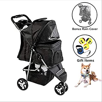 Besthls Pet Stroller for Cats/Dogs, 3 Wheel Dog Stroller with Removable Liner, Storage Basket and Cup Holder, Bonus Rain Cover