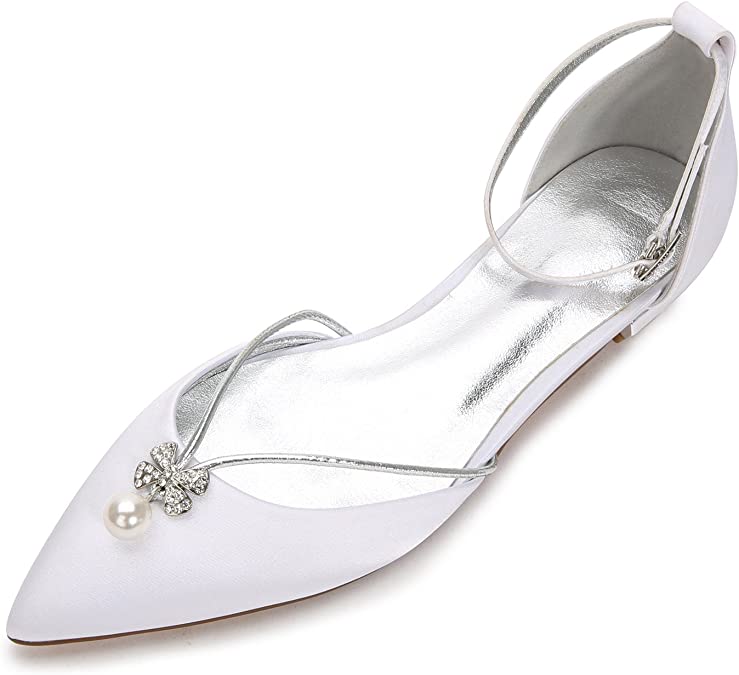 Creativesugar Women Flat Dress Shoes, Pointed Toe D'Orsay Ankle Strap with Pearl Crystal Bridal Wedding Flats