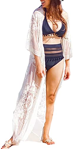 Bsubseach Women Sexy Lace Crochet Open Front Swimsuit Beach Long Kimono Cover Ups